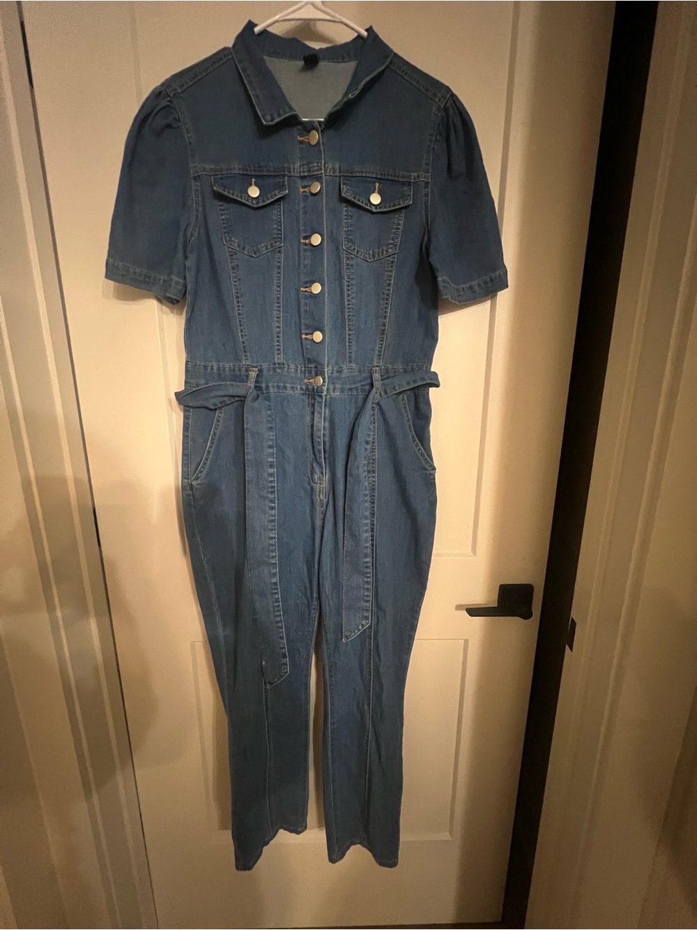 SHEIN Blue Short-Sleeve Denim Jumpsuit Overalls